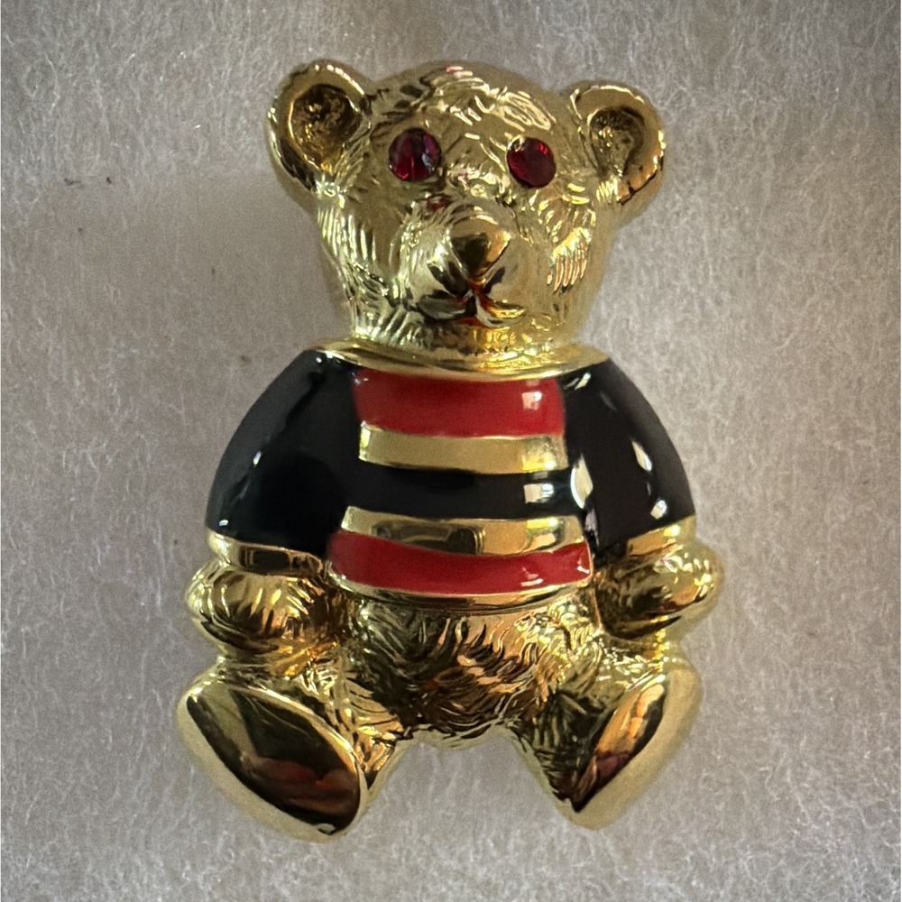 Anne Klein. Gold Tone Teddy Bear Brooch Red Navy. Rhinestone Eyes. Y2K Patriotic